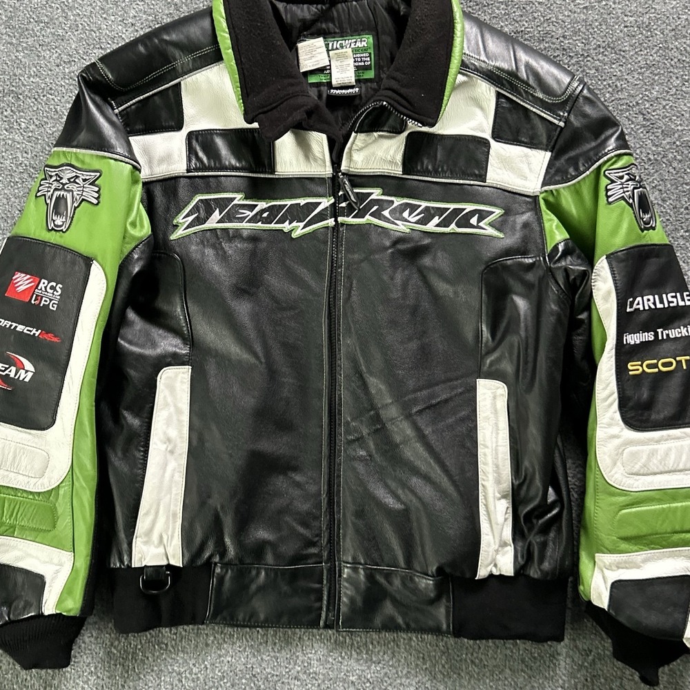 Arctic Cat Team Arctic Jacket Mens Large Black Green Leather Racing Snowmobile
